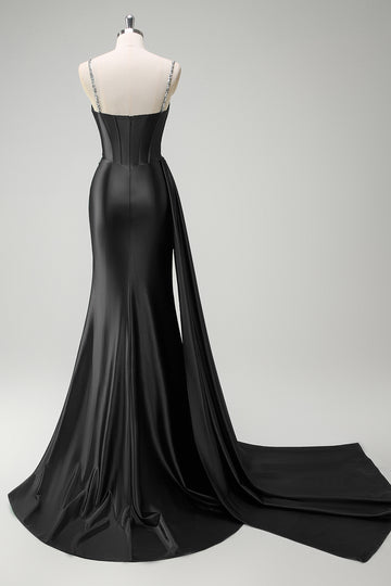 Sparkly Black Mermaid Side Streamer Sequined Corset Satin Prom Dress with Slit